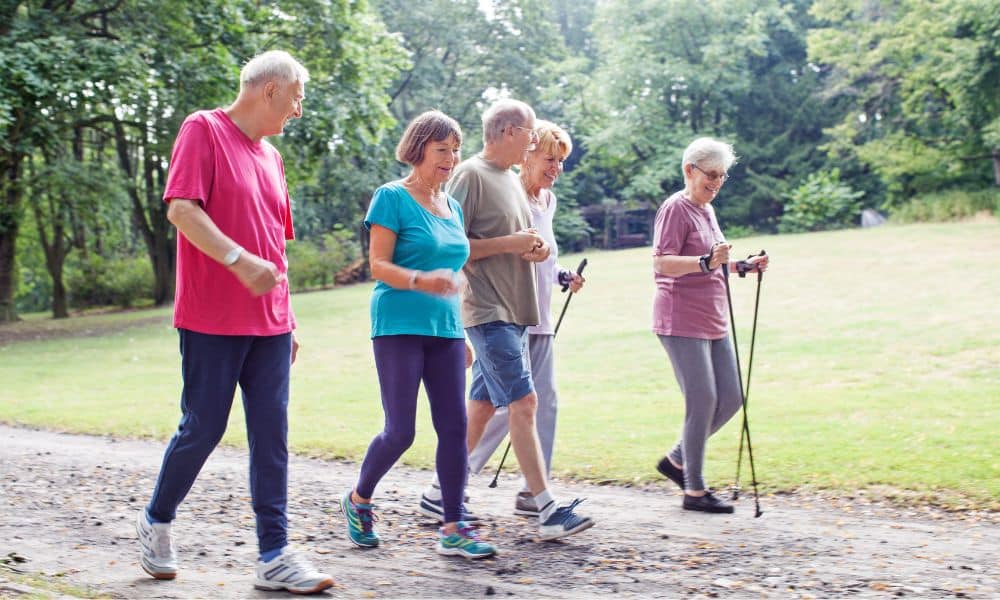 cinq amis marchent ensemble